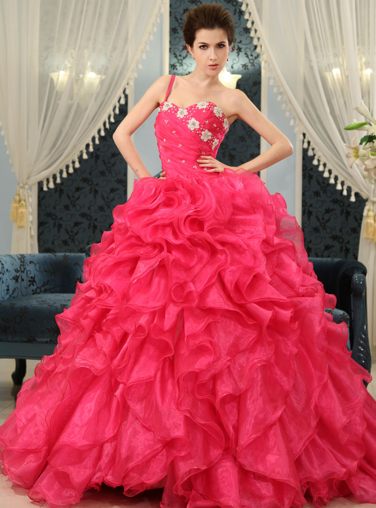 Ruffle Ball Gown Sweet 16 Dress Hot Pink Organza