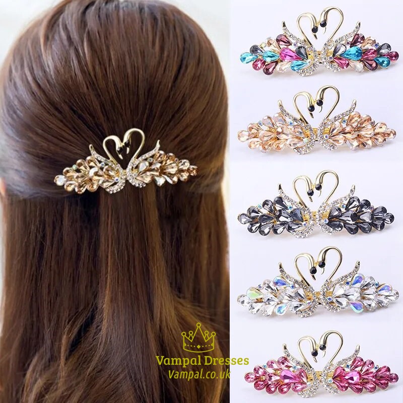 Crystal Swan Hair Clip With Rhinestone Spring