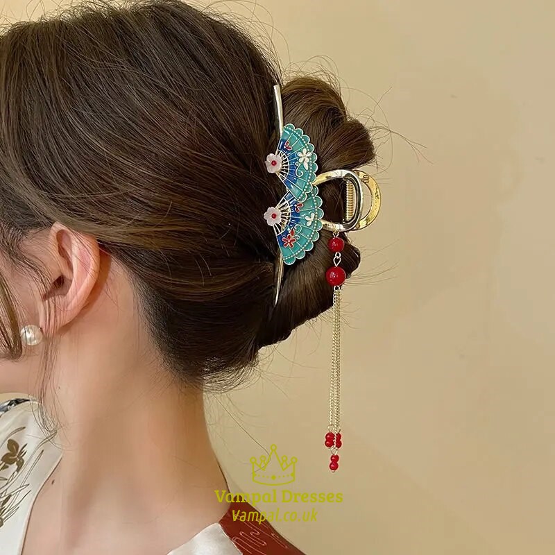 Tassel Flower Hair Clip With Pearl And Gold Shark Clip