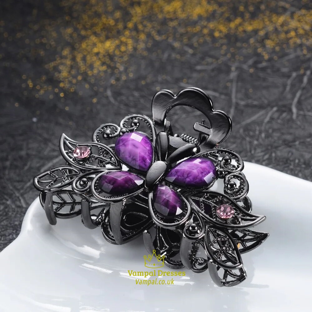Vintage Resin Flower Hair Claws With Charm Butterfly Design