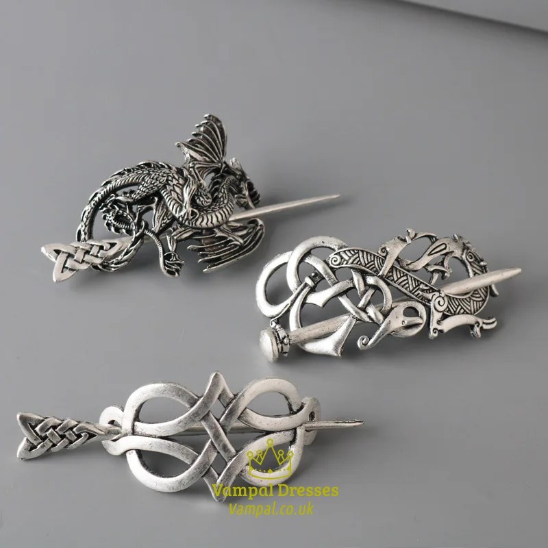 viking Hairpin: Celtic Knots, Runes, Dragons - Vintage Metal Hair Accessory