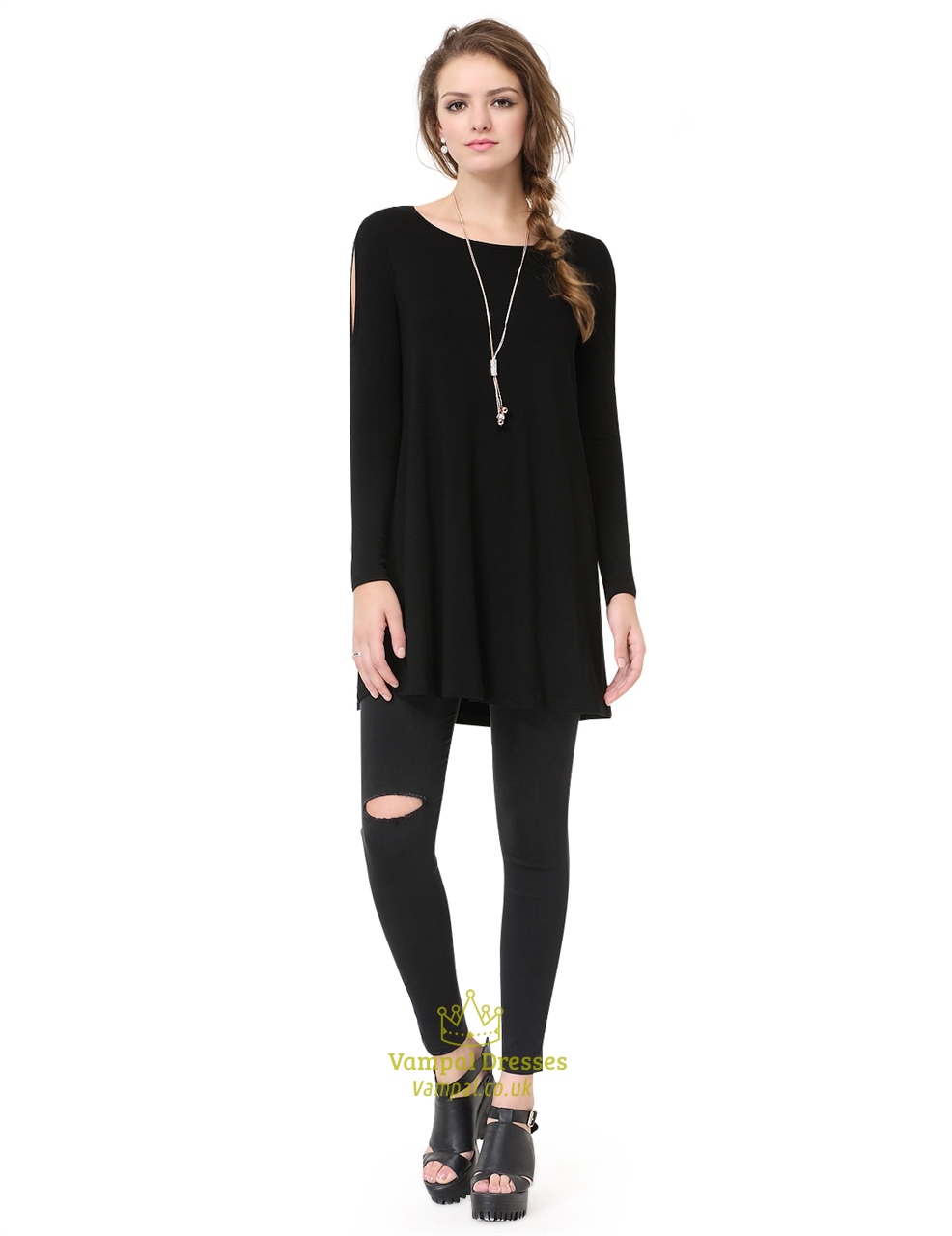 Schwarzes Langarm-T-Shirt mit U-Boot-Ausschnitt und Cut-Out-Ärmeln