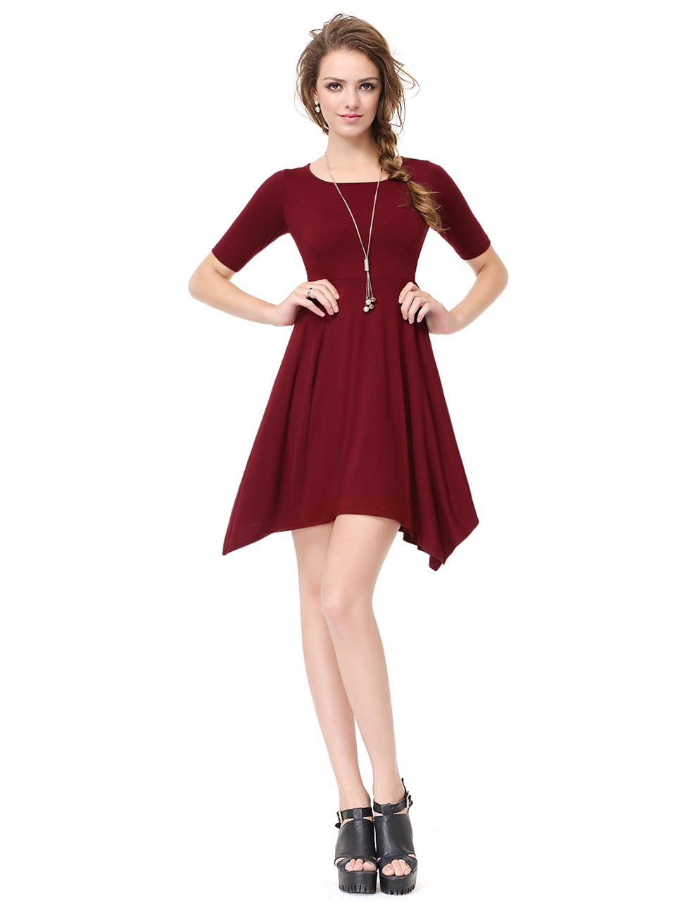 Burgundy Short Sleeve Crew Neck Asymmetrical T-Shirt Dress