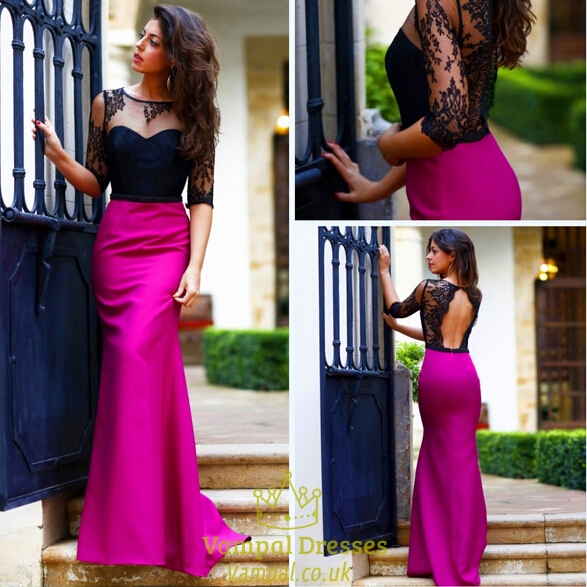 Transparentes Meerjungfrau-Prom-Kleid mit Spitze und offenem Schlüsselbein-Rücken in Schwarz und Fuchsia
