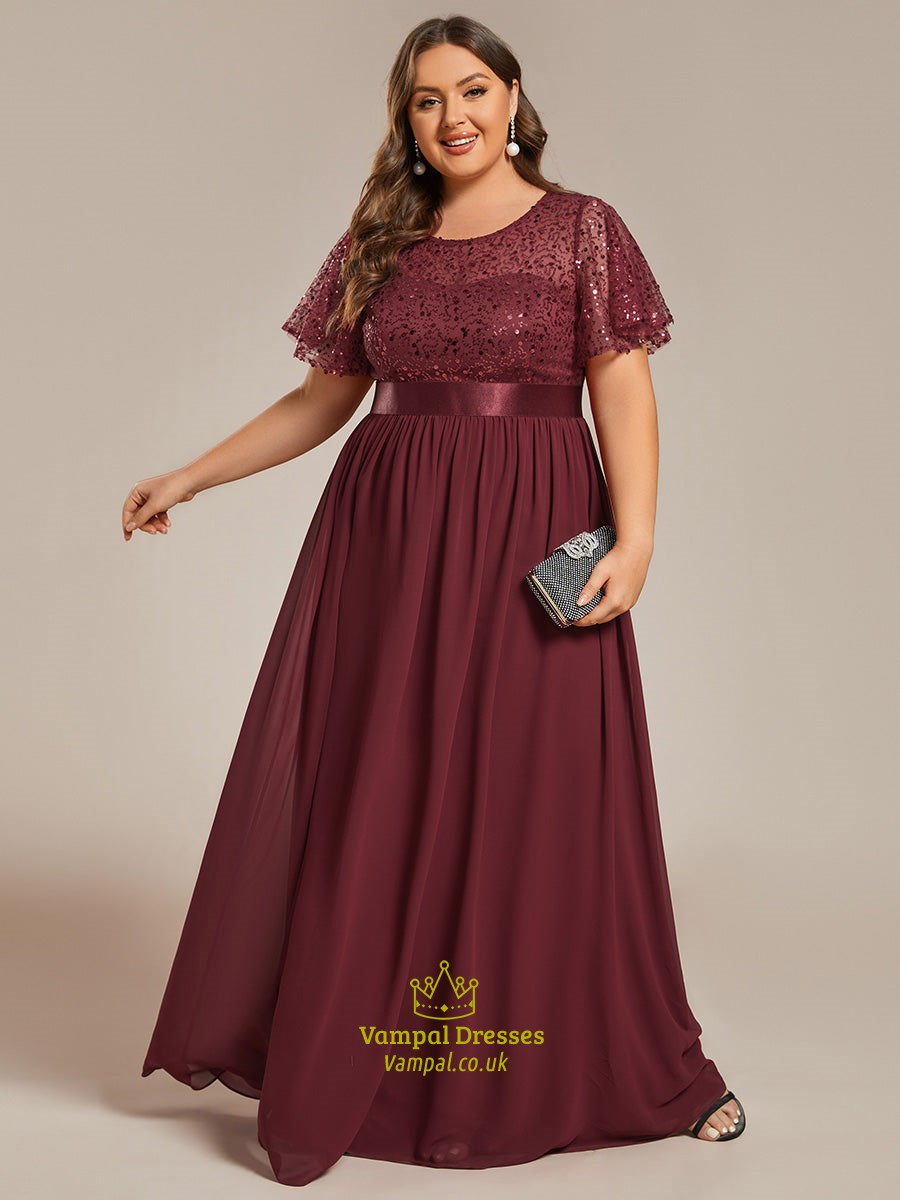 Plus Rundhals Pailletten Chiffon Hohe Taille Formelles Abendkleid Mit Kurzen Ärmeln