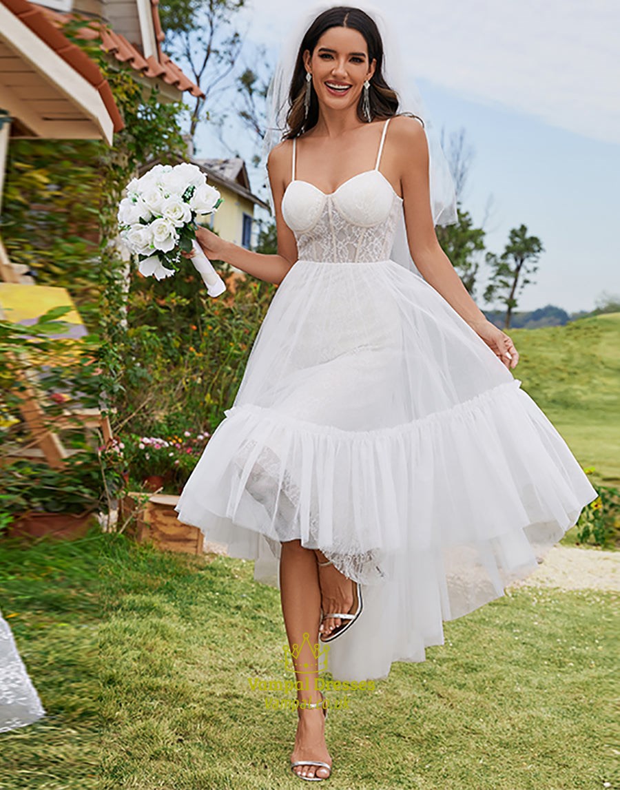 Ivory Tulle Sweetheart Spaghetti Strap High Low Wedding Dress