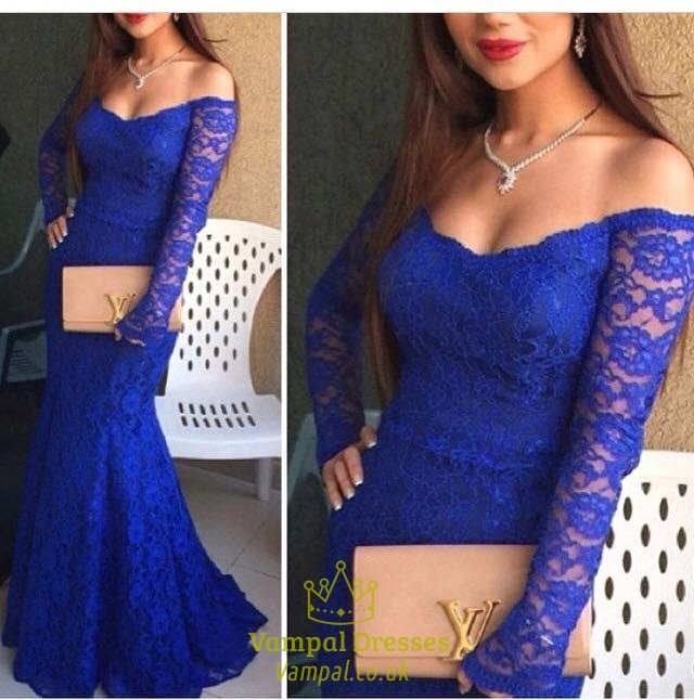 Schulterfreies Meerjungfrau-Prom-Kleid mit transparenten langen Ärmeln und Spitze
