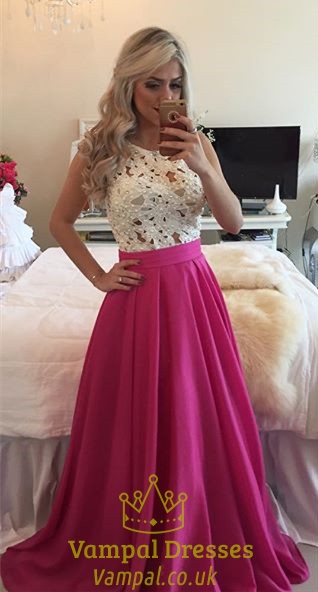Weißes bodenlanges Abendkleid aus fuchsiafarbenem Chiffon mit perlenbesetztem Spitzenoberteil