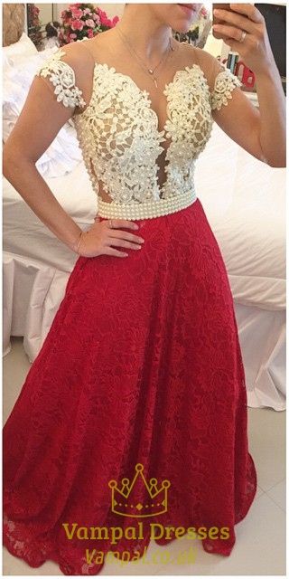 Schulterfreies A-Linien-Abendkleid mit tiefem V-Ausschnitt und perlenbesetztem Illusions-Oberteil
