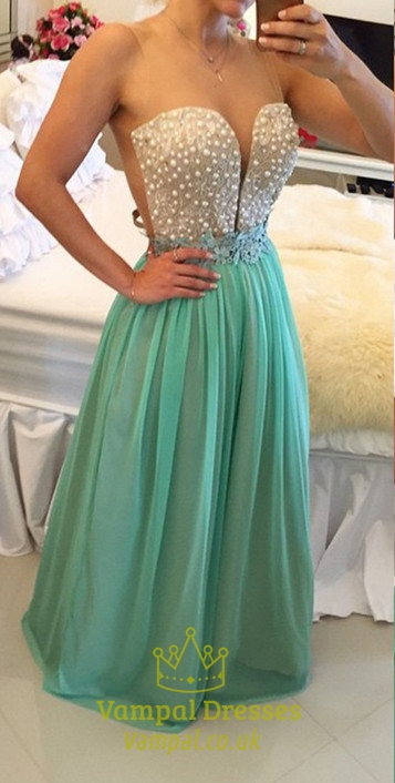 Trägerloses Chiffon-Abendkleid mit perlenbesetztem Oberteil und Herzausschnitt