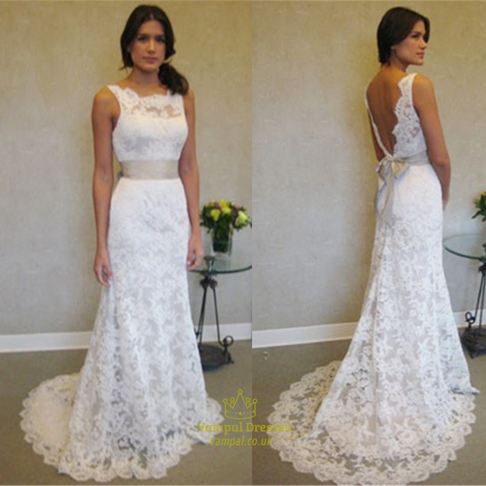 White Sleeveless Open Back Lace Mermaid Wedding Dress With Train ...