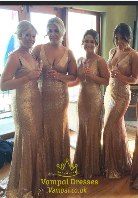 Goldfarbenes ärmelloses bodenlanges Abendkleid mit Pailletten und tiefem V-Ausschnitt