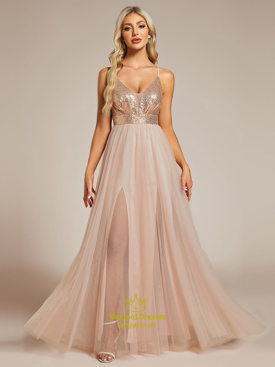 rose gold evening dress uk Shimmer Sequin Spaghetti Strap V Neck Whoelsale elegant rose gold dress