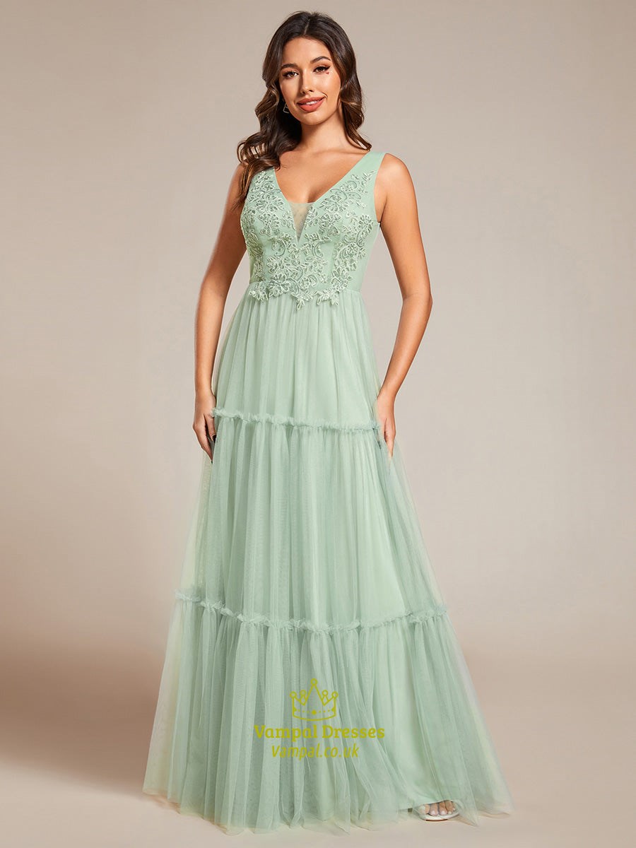 mint Green embroidery v necke chiffon evening dress with sleeveless