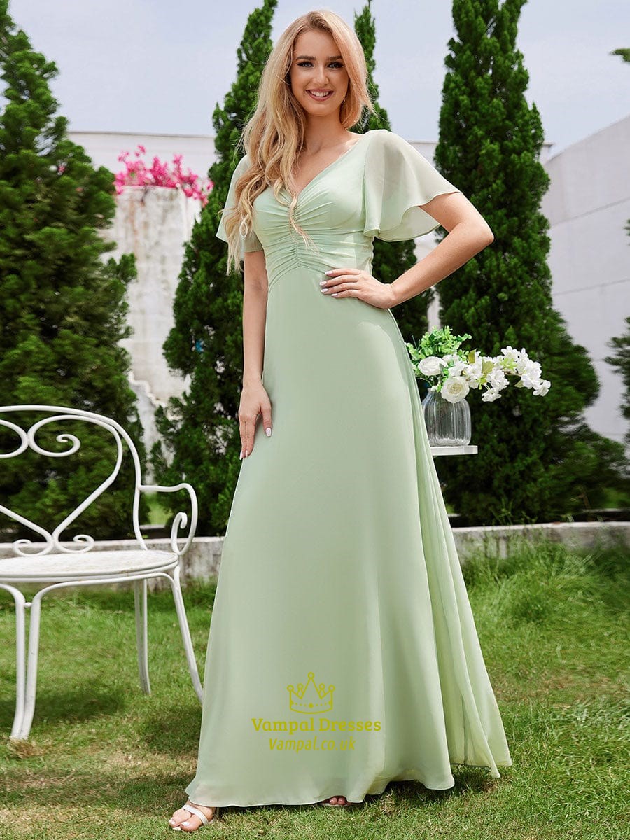 Minzgrün Chiffon plissiertes Brautjungfernkleid mit Rüschen kurzen Ärmeln
