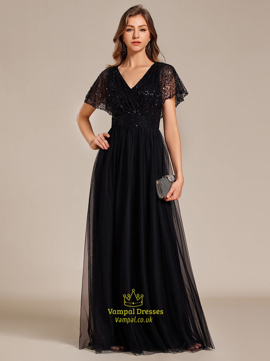 elegant v neck ruffles sleeve a-line empire waist tulle dresses with paillette