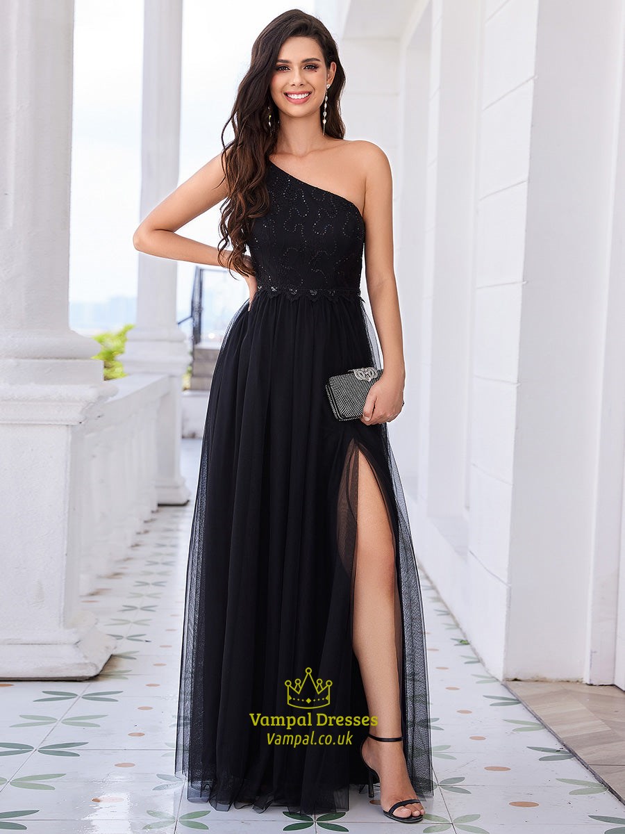 romantic asymmetric one shoulder side split a-line tulle dress with lace sequin empire waist evening dress