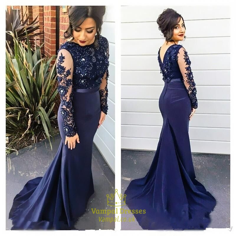 Marineblaues Applikations-Oberteil Sheer-Ärmel Sheath-Mermaid-Prom-Kleid