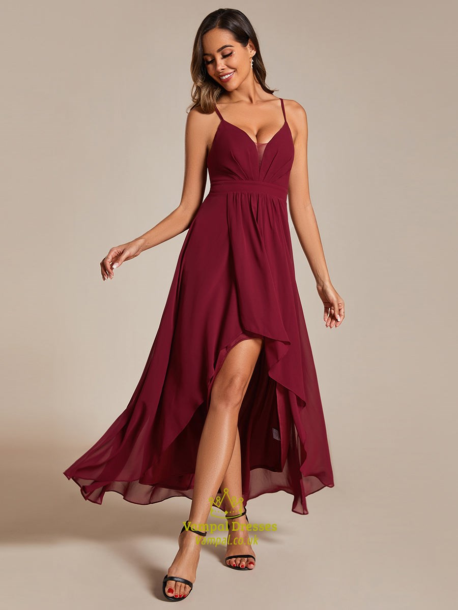 elegant spaghetti straps bandage backless asymmetrical hem chiffon bridesmaid dresses