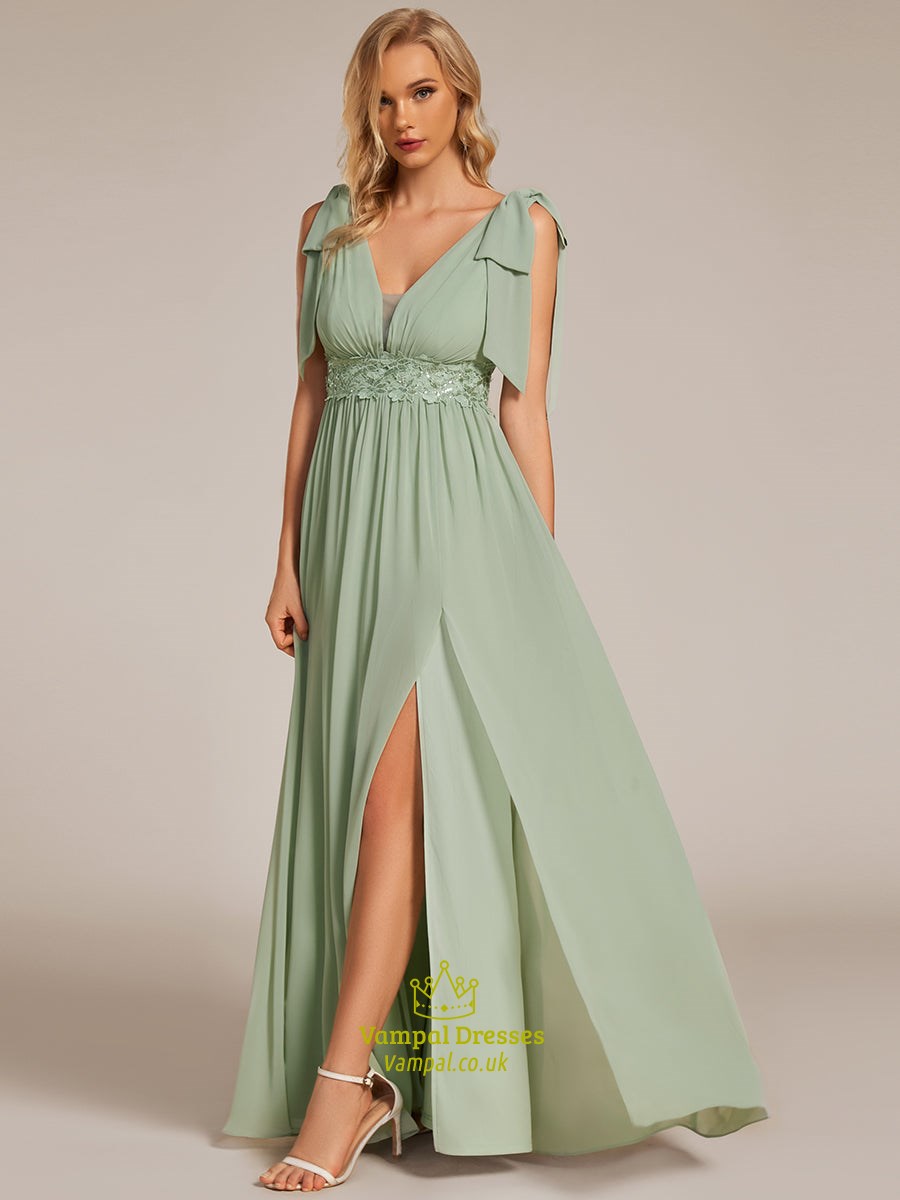 mint Green elegant bowknot sleeveless side split floor length chiffon bridesmaid dresses with appliqu¨¦d belt
