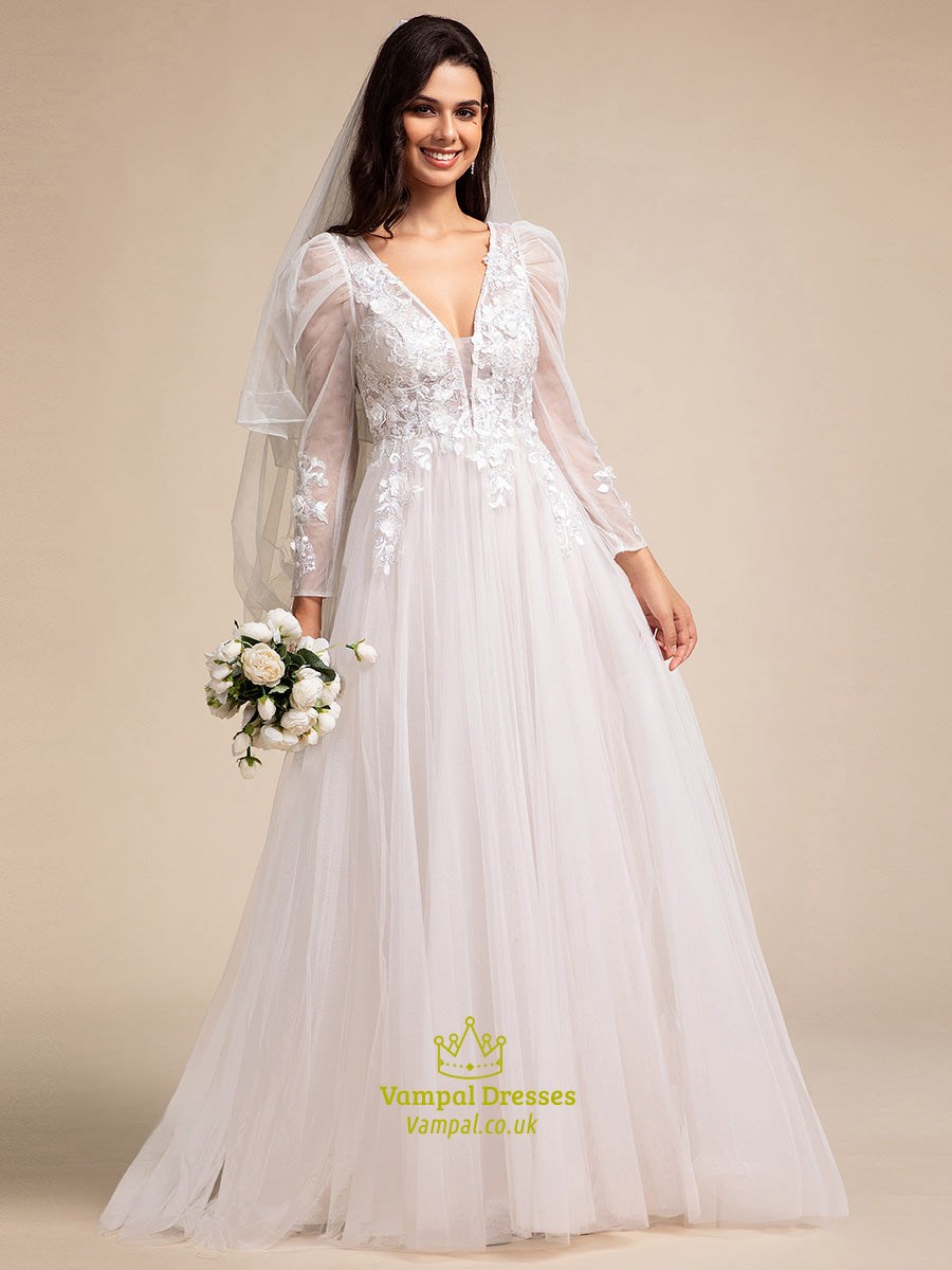 Exquisites ärmelloses Tüll-Hochzeitskleid mit V-Ausschnitt, langen Ärmeln und Applikationsverzierung