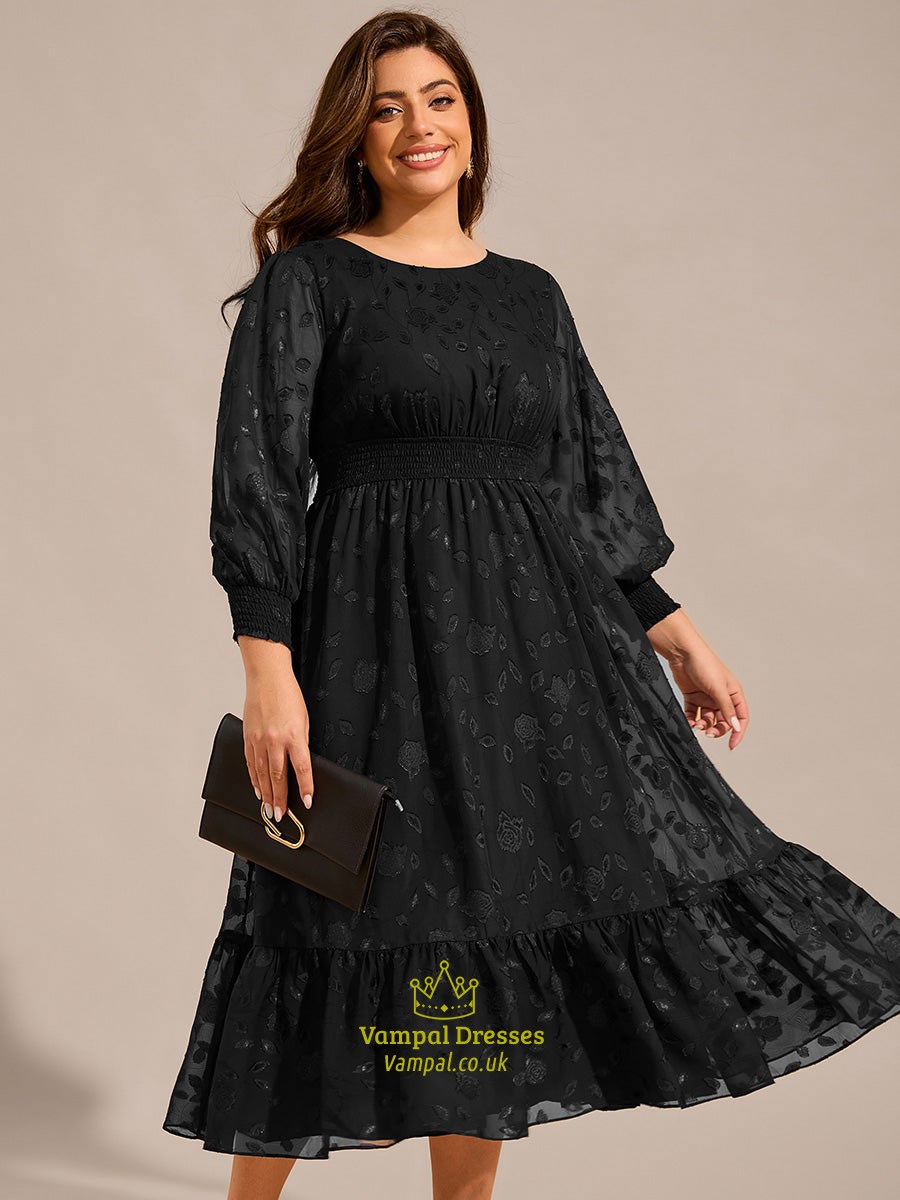 exquisite plus size round neck lotus leaf hem wedding guest dresses with embroidery applique decoration
