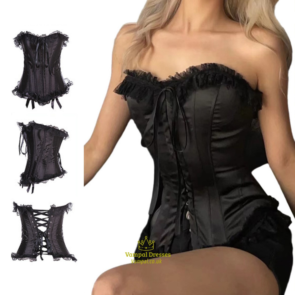 Black Satin Overbust Corset Top With Bowknot Lace-Up Shapewear