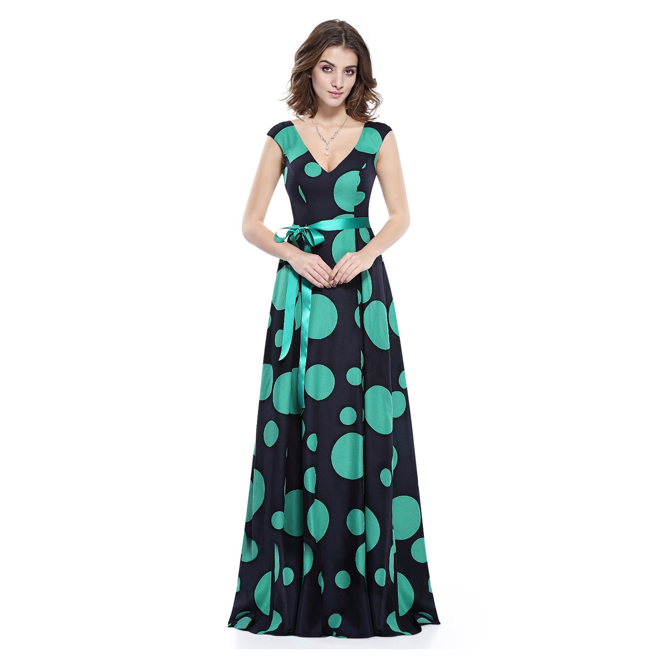 Polka Dot Sleeveless V-Neck Embellished Maxi Dress