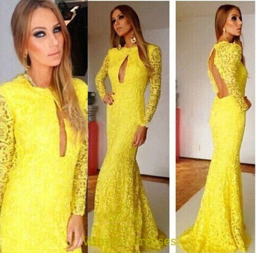 Open Back Sheer Sleeves Front Cut Out Lace Mermaid Prom Dress