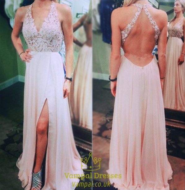 Halter Deep V Neck Lace Bodice Backless Chiffon Prom Dress