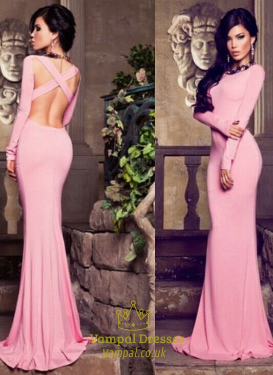 Pink Bateau Neckline Sheath Mermaid Prom Dress With Cross Open Back
