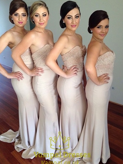 Strapless Beaded Bodice Sheath Column Floor-Length Bridesmaid Dress