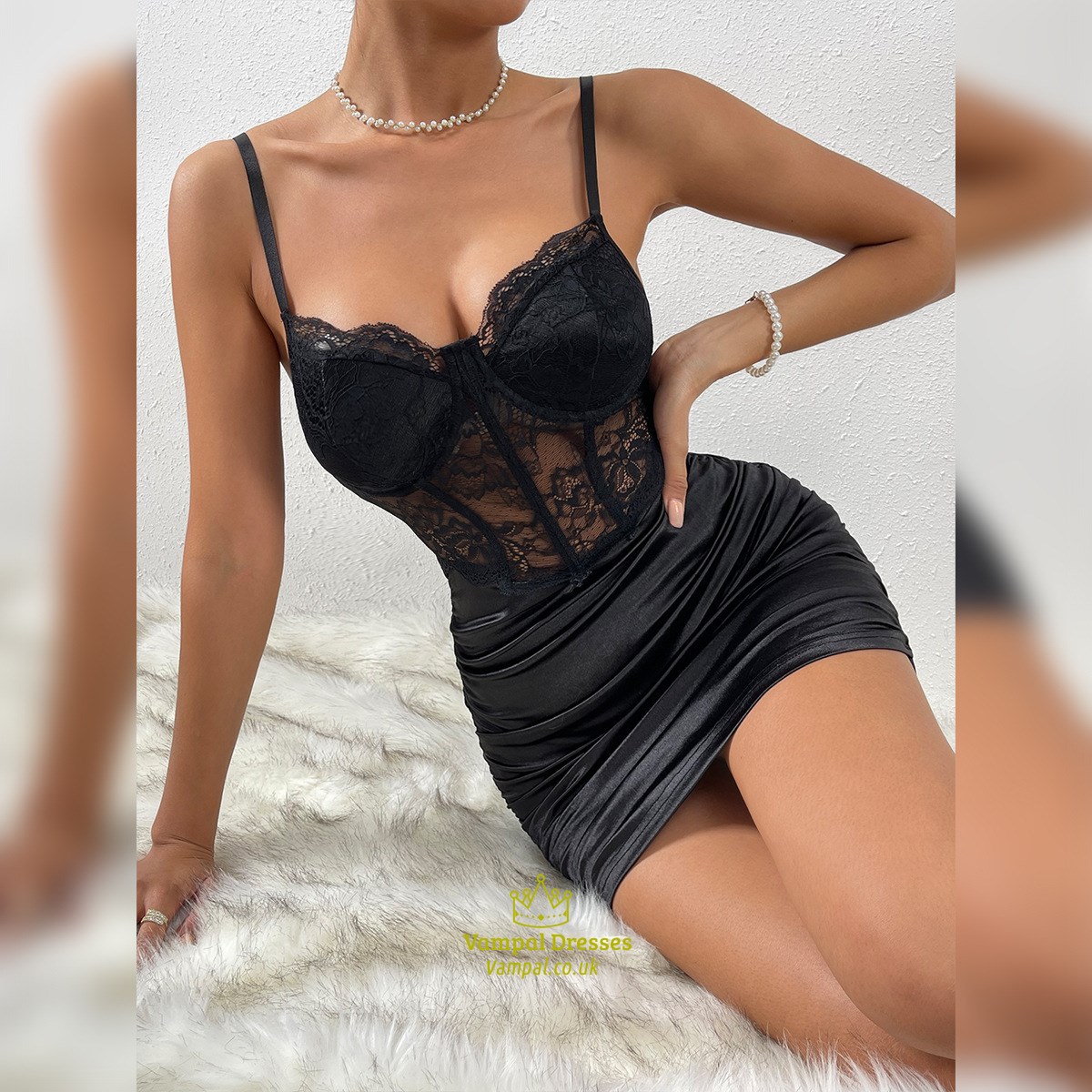 Elegant Black Slim Hip Wrap Dress Lace Sleeveless Pleated Sling Dress