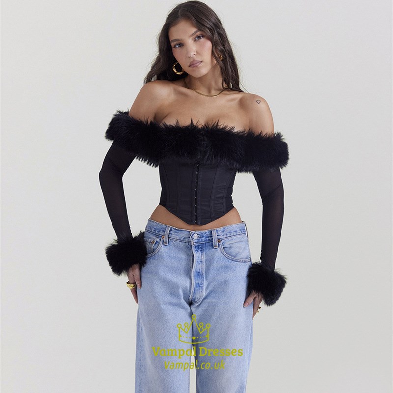 Off The Shoulder Corset Long Sleeve Top With Feather Trim