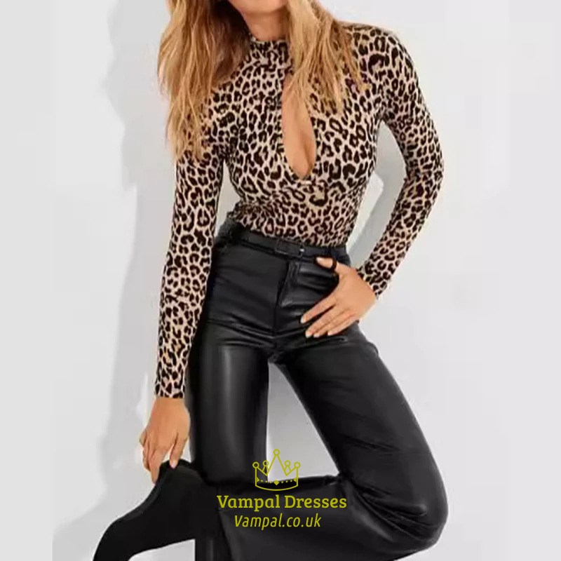 Leopard Print O-Neck Slim Fit Blouse With Hollow Out Long Sleeves
