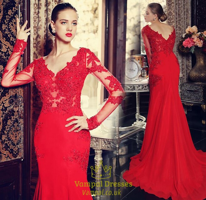 Rotes langärmeliges langes Meerjungfrau Abiballkleid mit Illusionseinsatz, Perlenbesatz und Applikationen am Oberteil