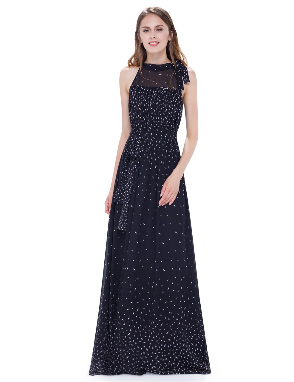 Black Halter Illusion Neckline Floor Length A-Line Chiffon Maxi Dress