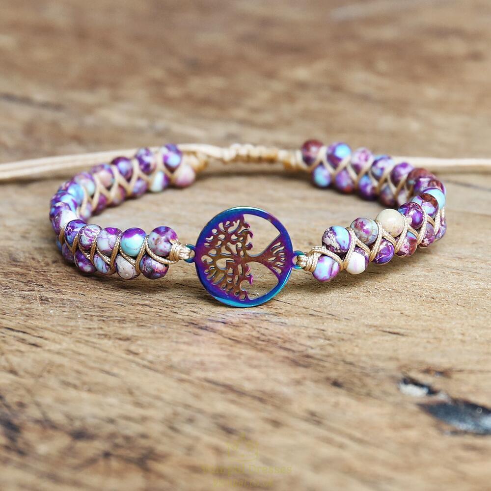 handmade natural african stone beaded boho yoga wrap bracelet & bangle stainless steel tree of life braided charm bracelet