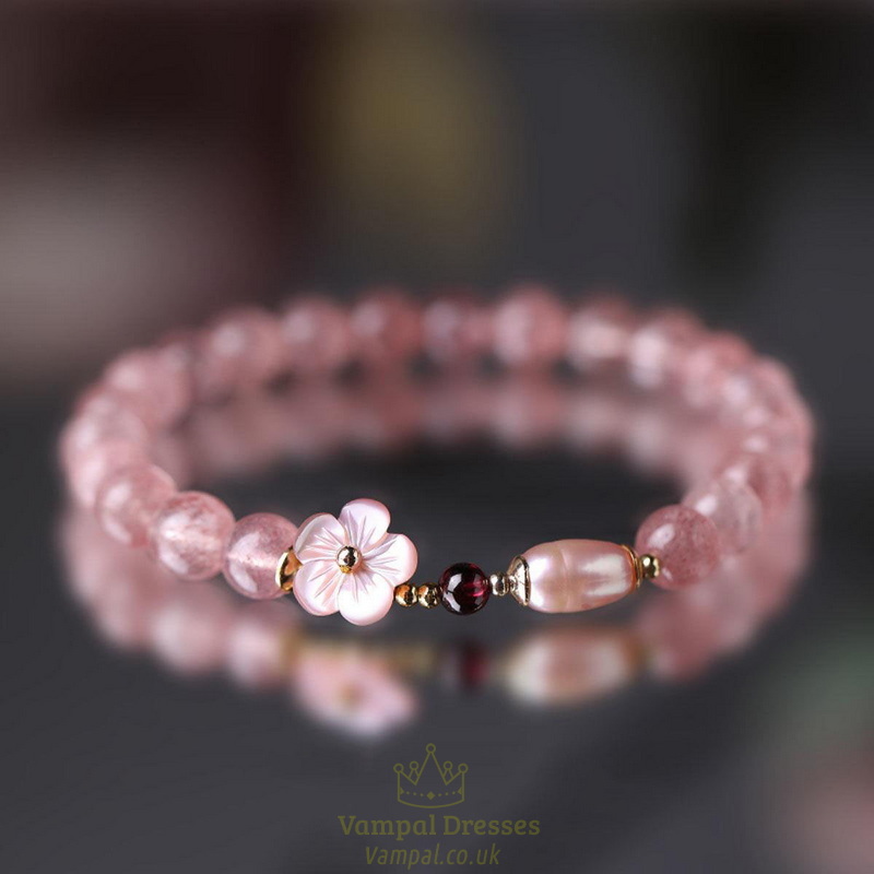 sweet pink color peach blossom beaded bracelet for women girls fashion ins flower pearl crystal glass bangle niche jewelry gifts
