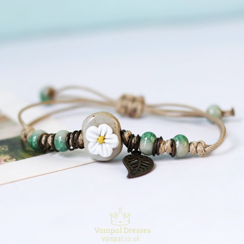 Handmade Ceramic Flower Woven Bracelet With Leaves Pendant