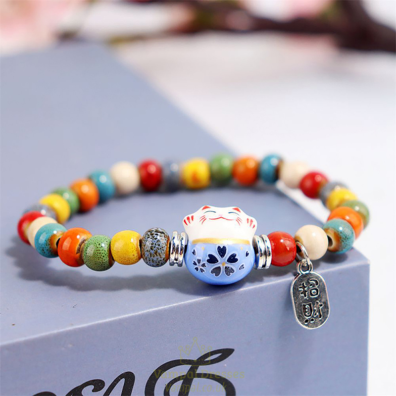 Colorful Chinese Style Ceramic Cat Pendant Bracelet For Women