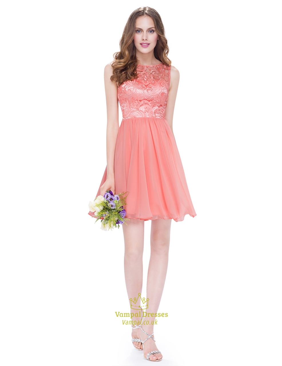 Knielanges A-Linien-Brautjungferkleid mit Spitzenoberteil und Chiffon