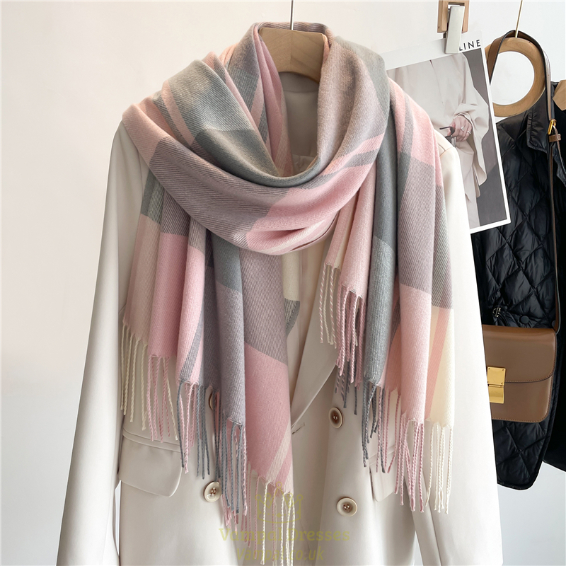 Plaid Cashmere Pashmina Shawl With Tassel - Thick Travel Wrap