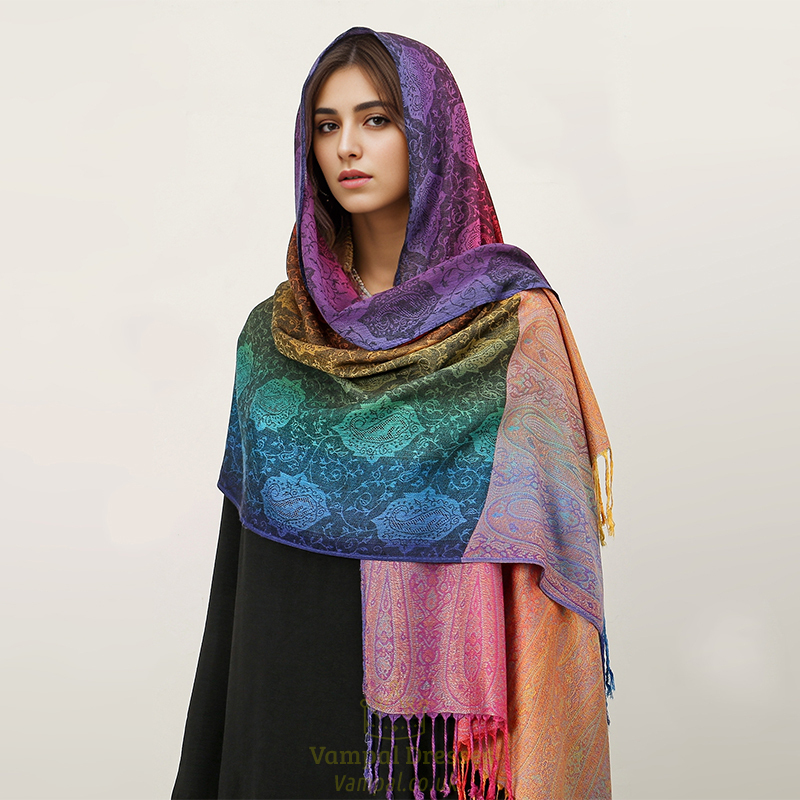 Rainbow Jacquard Cashmere Scarf With Tassel Shawl Wrap