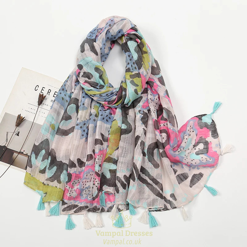 Soft Linen Cotton Leopard Print Tassel Scarf Shawl