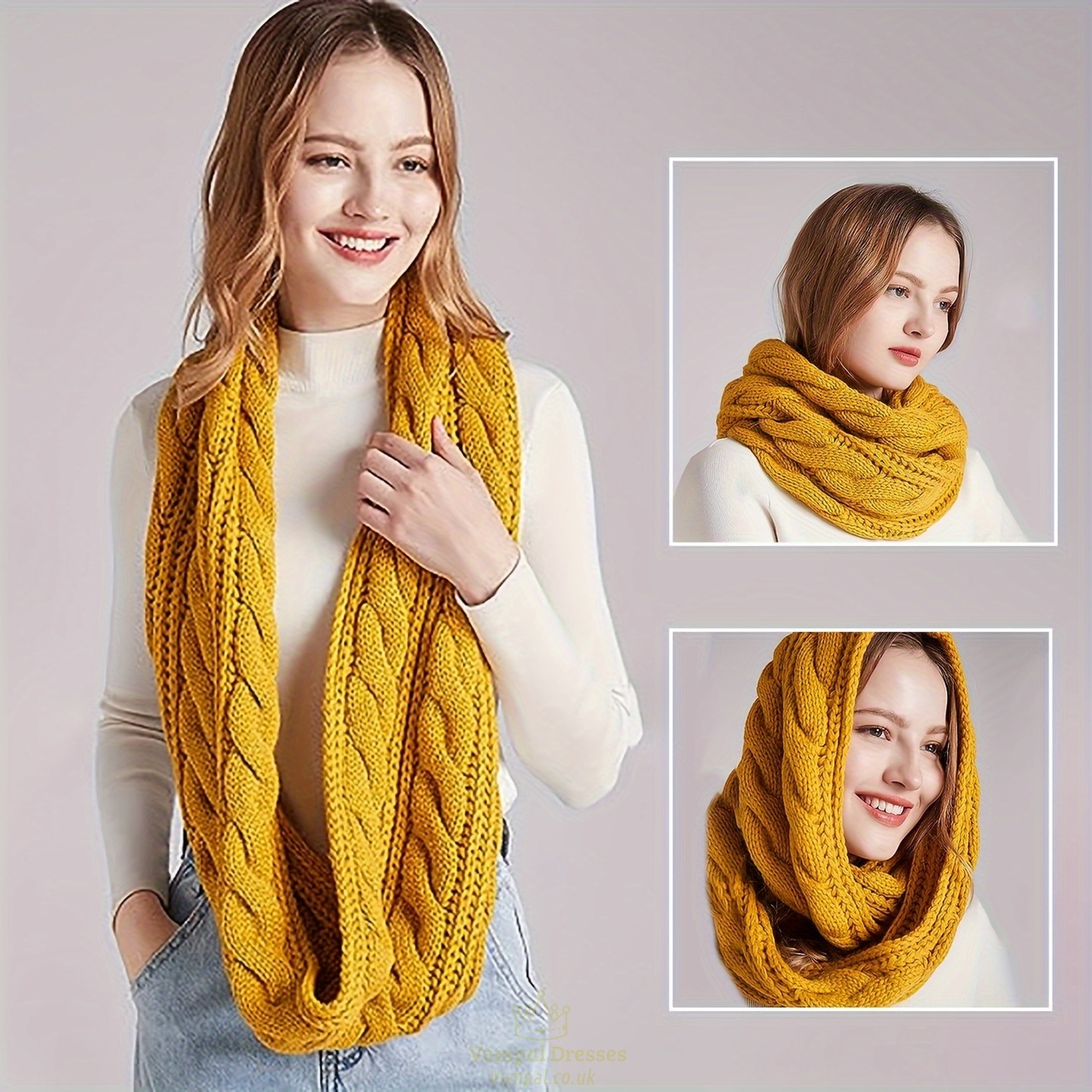 Solid Color Plush Knit Scarf With Wireless Ring