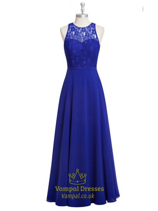 Royalblaues Prom-Kleid mit Spitzenoberteil, Chiffon-Rock und offenem Rücken