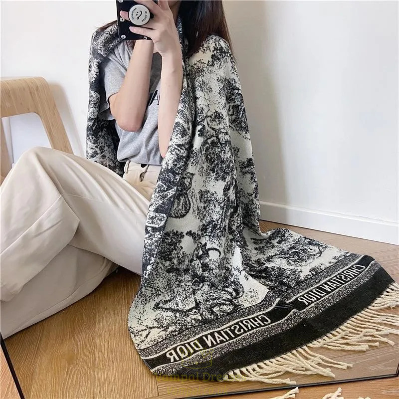 Blended Cashmere Ink Wash Print Tassel Shawl For Women