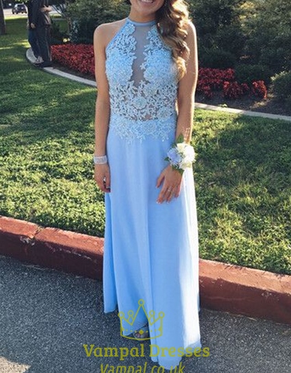 Hellblaues Chiffon-Ballkleid mit transparentem Perlen- und Spitzenoberteil und offenem Rücken