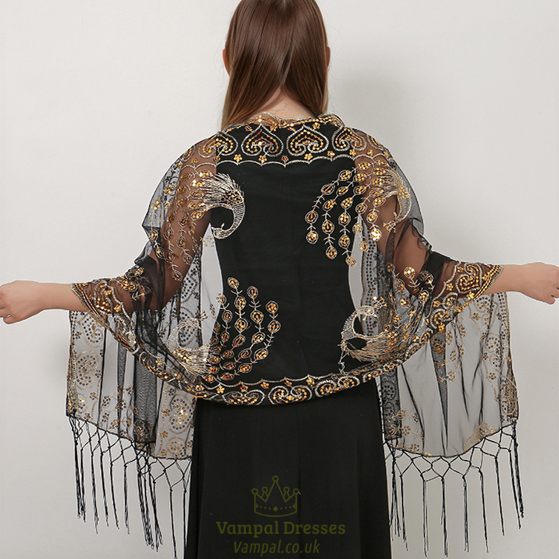 Sequin Peacock Tassel Shawl Scarf Long Cape Wraps For Women